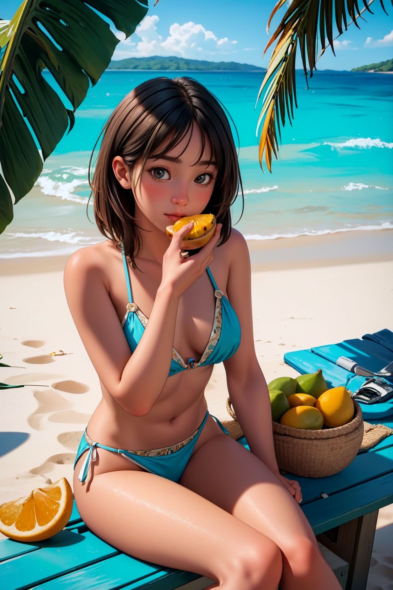 best ratio four finger and one thumb, 20yo Caucasian girl sitting on the beach of a tropical island eating tropical fruit, hyperrealism, high detailed skin, highly detailed background, 8k uhd, dslr, soft lighting, high quality, film grain, Fujifilm XT3, HD, Sharp, OverallDetail