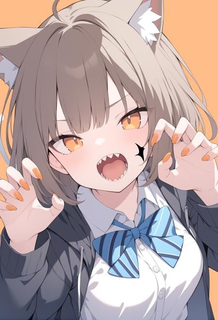 masterpiece, best quality,1girl, solo, animal ears, bow, teeth, jacket, tail, open mouth, brown hair, orange background, bowtie, orange nails, simple background, cat ears, orange eyes, blue bow, animal ear fluff, cat tail, looking at viewer, upper body, shirt, school uniform, hood, striped bow, striped, white shirt, black jacket, blue bowtie, fingernails, long sleeves, cat girl, bangs, fangs, collared shirt, striped bowtie, short hair, tongue, hoodie, sharp teeth, facial mark, claw pose