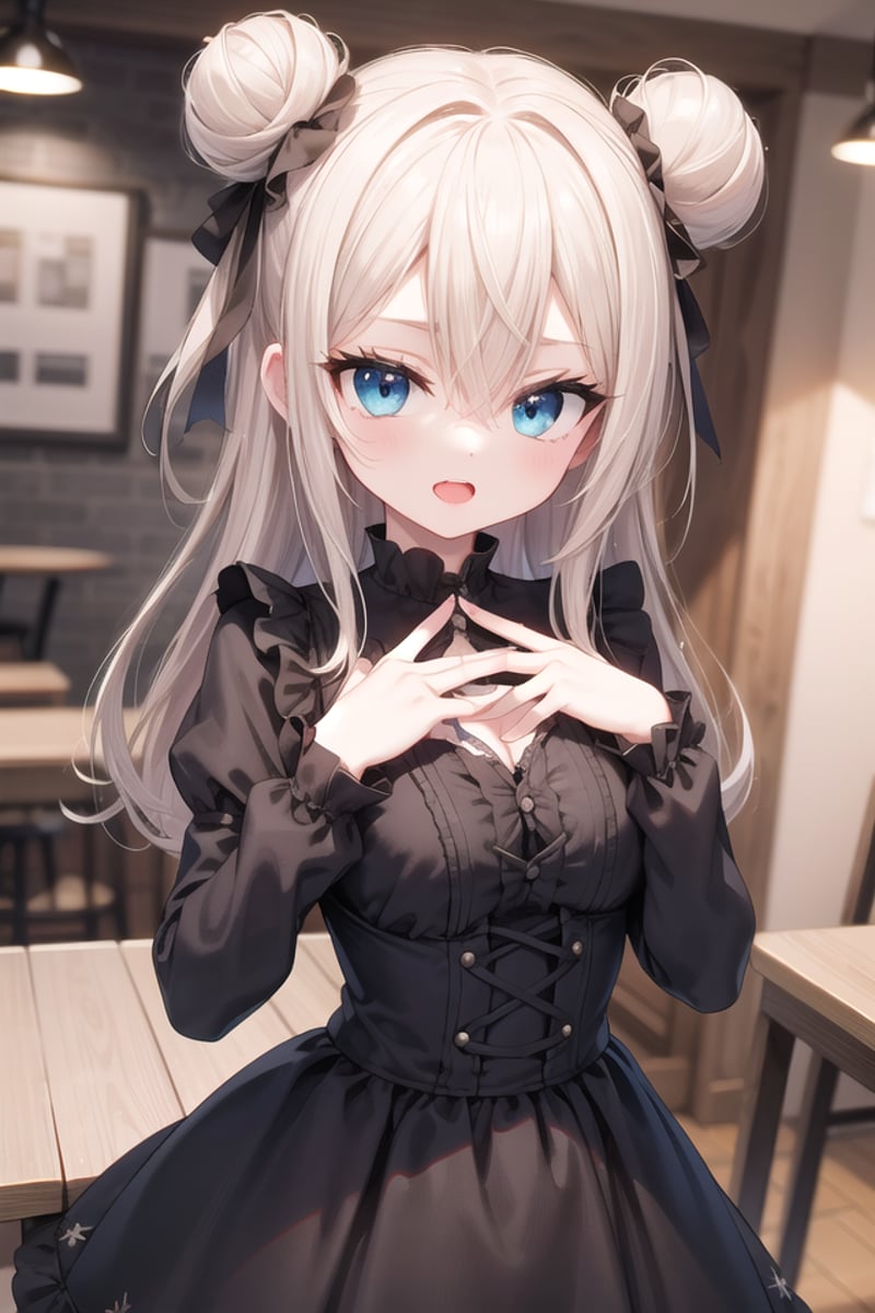 <lora:talkmouth_O_type2_v100:1>insanely detailed, absurdres, ultra-highres, ultra-detailed, best quality,1girl, solo, nice hands, perfect handsBREAKgothic theme, black gothic dress, white frill, hair dressBREAK(nsfw:-1.5)BREAKsmile, open mouthBREAK,standing, cowboy shot, looking at viewerBREAKslender, kawaii, perfect symmetrical face, ultra cute girl, ultra cute face, ultra detailed eyes, ultra detailed hair, ultra cute, ultra beautifulBREAKin coffee shop, depth of field, ultra detailed backgroundBREAKmedium large breastsBREAKblonde hair, blue eyes, double bun, hair between eyes