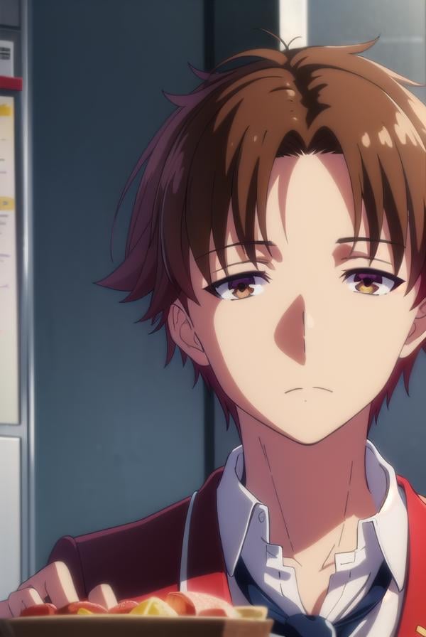 kiyotakaayanokouji, <lora:kiyotaka ayanokouji s2-lora-nochekaiser:1>,kiyotaka ayanokouji, brown hair, (brown eyes:1.5), male focus, (parted bangs:1.5), short hair,BREAK school uniform, jacket, necktie, blazer, blue necktie, shirt, white shirt, collared shirt, (red blazer:1.5),BREAK indoors, classroom,BREAK looking at viewer, (cowboy shot:1.5),BREAK <lyco:GoodHands-beta2:1>, (masterpiece:1.2), best quality, high resolution, unity 8k wallpaper, (illustration:0.8), (beautiful detailed eyes:1.6), extremely detailed face, perfect lighting, extremely detailed CG, (perfect hands, perfect anatomy),