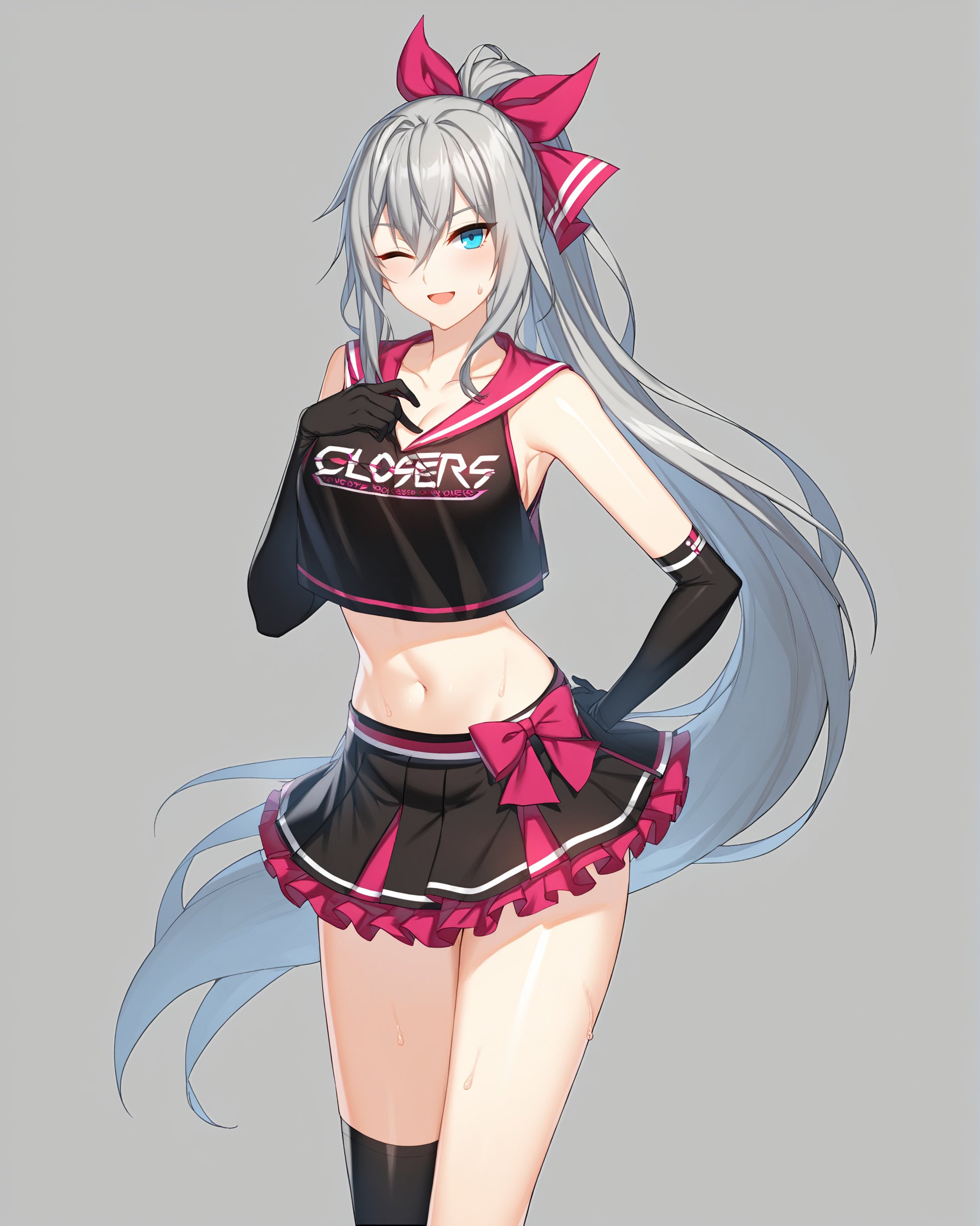 closers,((harpy_\(closers\))),<lora:closers-000003:1>,(masterpiece),(bestquality),1girl,breasts,gloves,long hair,one eye closed,skirt,cleavage,midriff,ponytail,navel,white background,large breasts,crop top,[white_eyes::5],[aqua_eyes|blue_eyes],sleeveless,looking at viewer,collarbone,simple background,smile,kneehighs,shirt,ribbon,hair between eyes,bow,black gloves,hair ribbon,sleeveless shirt,miniskirt,sweat,very long hair,hand on hip,bangs,pleated skirt,silver hair,hair bow,stomach,frilled skirt,bare shoulders,leaning forward,sidelocks,standing,black legwear,frills,thighs,open mouth,parted lips,black shirt,blush,grey hair,eyebrows visible through hair,high ponytail,pink ribbon,socks,watermark,crop top overhang,;d,arm behind back,,hand up,shiny,medium breasts,feet out of frame,;),asymmetrical legwear,hand on own chest,elbow gloves,shiny skin,sweatdrop,cowboy shot,bare arms,clothes writing,hair ornament,alternate costume,armpits,shiny hair,black skirt,index finger raised,