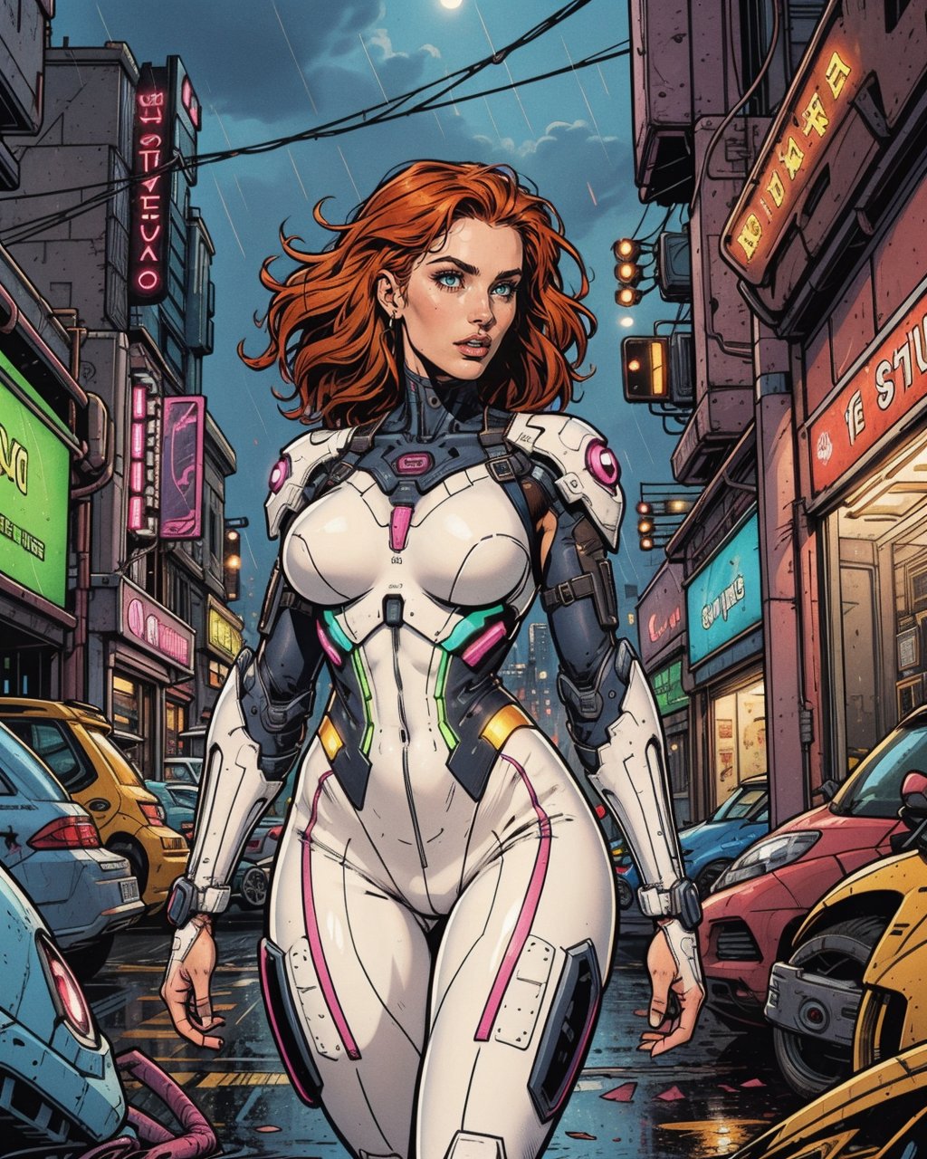 comic artwork of a pretty woman, busty, curvy, big breasts, wide hips, thick thighs, white bodysuit, skintight, scifi, futuristic, cyberpunk,  cyberpunk background, epic, dynamic shadows, cinematic lighting, neon, dark rainy night, <lora:detail_slider_v4:1.25>, <lora:colorify:0.75>, (upper body:0.75), crosshatching, 2D, Sharp, Detailed, HD, HDR, High Quality, High Resolution, Masterpiece