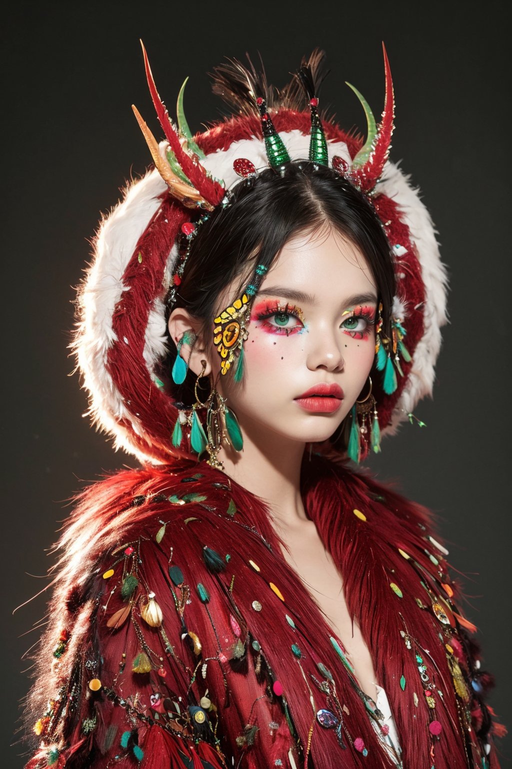 masterpiece,best quality,ultra high res,1girl,colorful tashan makeup,upper body,flash,<lora:20240401caizhuang-v1.2:0.8>,Tobacco Hornworm headdress,mood lighting,Fur texture,Long Shot,