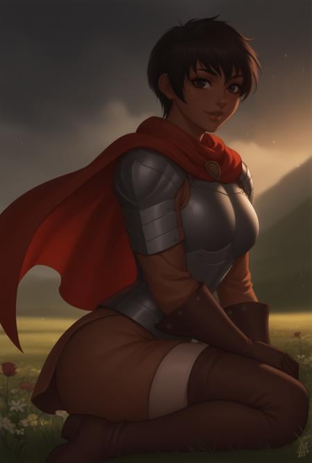 score_9, score_8_up, score_7_up, source_anime BREAK, solo, looking at viewer, cowboy shot, medieval, grass, stone,  flower field, cloudy sky, official wallpaper, light particles, fog, cinematic lightning, <lora:CascaPdxlDwnsty:1> Casca_Def, brown hair, short hair, thigh boots, gloves, boots, cape, thighhighs, dark-skinned female, breastplate, skirt, lips, red scarf, brown footwear, shoulder armor, Csword, large breasts, smile, on one knee, from side,