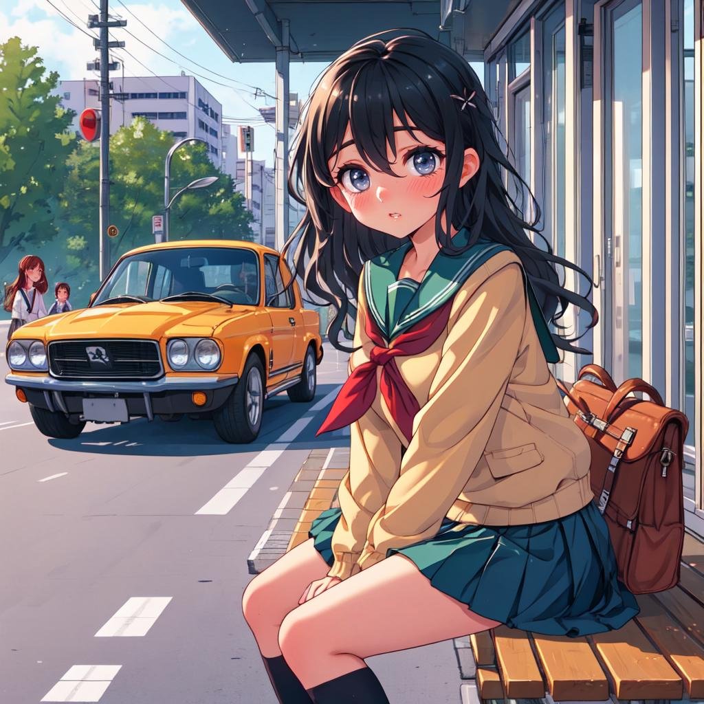 ground vehicle, motorbike, school uniform, long hair, motor vehicle, sitting, skirt, black hair, serafuku, looking at viewer, 1boy, bag, socks, pleated skirt, jacket, neckerchief, hair between eyes, blush, long sleeves, sailor collar, multiple girls, outdoors, red neckerchief, bangs, pants, white shirt, shirt, parted lips, day, tree, 1girl, between legs, hand between legs, building, bow, wavy hair, window