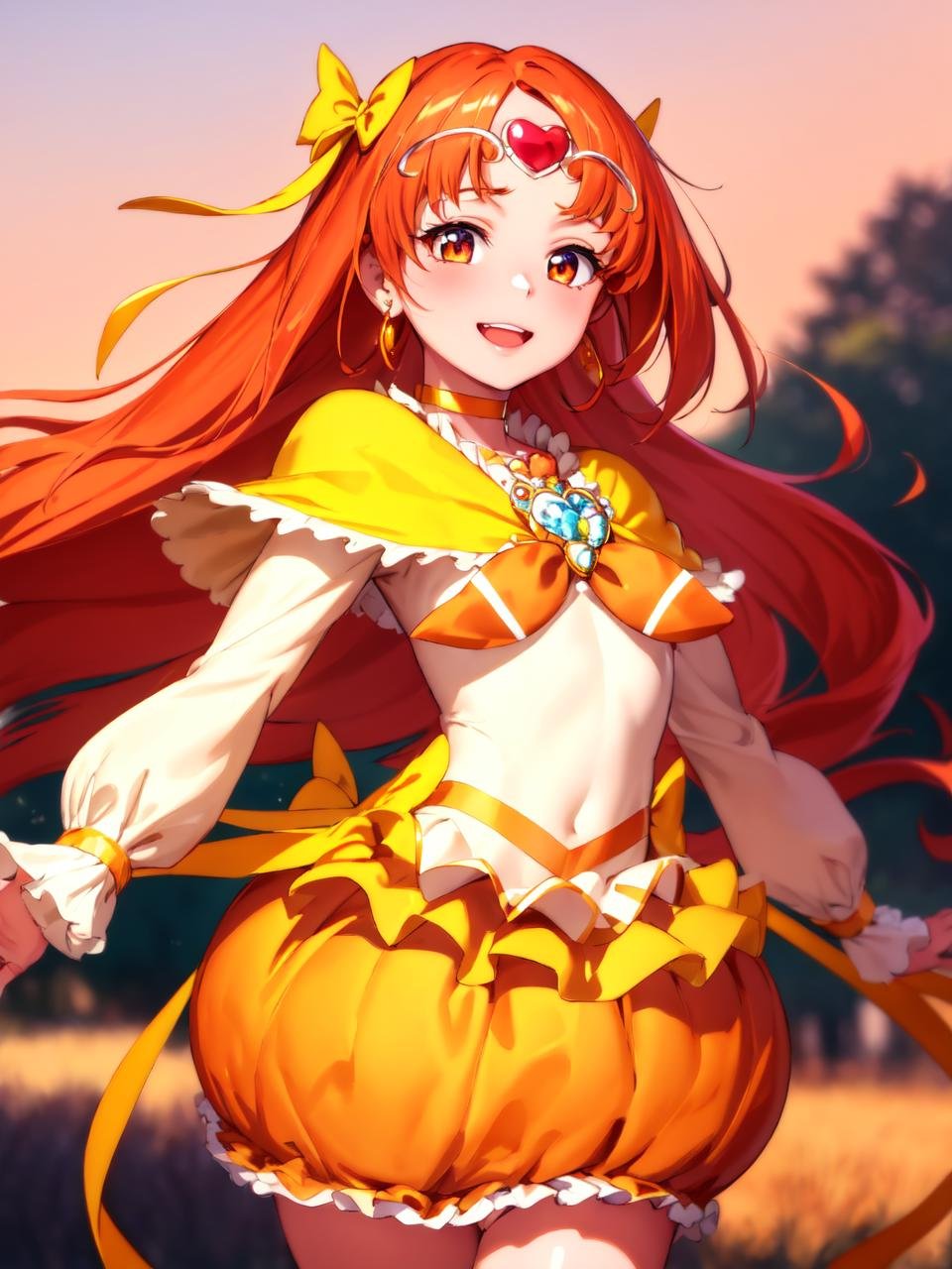 masterpiece, best quality, looking_at_viewer, depth_of_field, cowboy shot, 1girl, <lora:locon_cure_muse_01_block-000028:0.9>, cure muse, orange hair, hair ribbon, yellow choker, jewelry, brooch, capelet, tiara,smile, standing, gradient_background, 