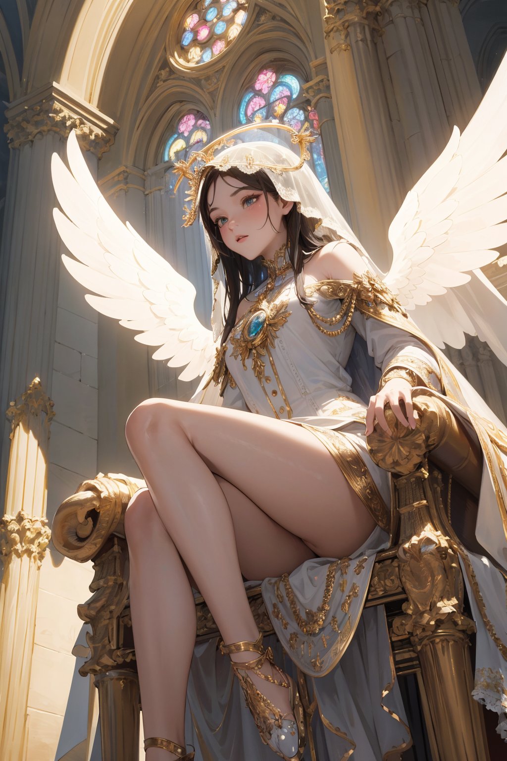 ((masterpiece)), ((best quality)), absurdres, 8k uhd, beautiful colors, centered composition, insane detail,portrait of an angelic female with angel wings seated on a luxurious ornately detailed majestic throne in a huge luxurious ornately detailed cathedral wearing beautiful veil and glowing halo ((from front)) (from below)