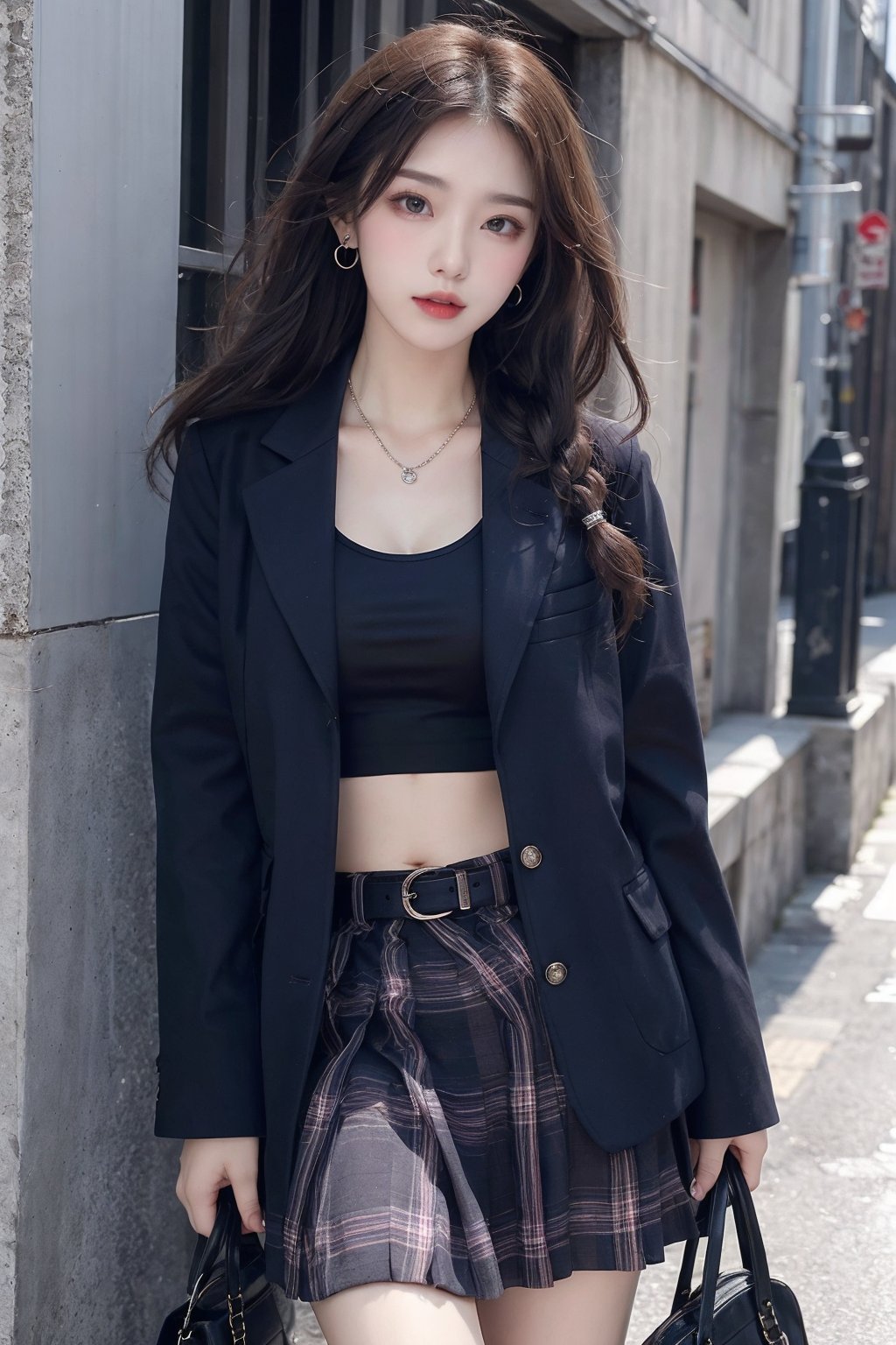 1girl, belt, bracelet, braid, breasts, earrings, jacket, jewelry, long hair, looking at viewer, midriff, nail polish, necklace, open clothes, plaid, plaid skirt, ring, skirt, solo  <lora:jk美女:0.66>