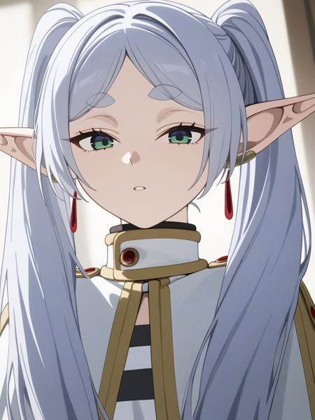 best quality,masterpiece,highres,absurdres,1girl,solo,newest,rating: general,  <lora:Frieren_XL-step00001000:0.6> ,(frieren, pointy ears, elf, earrings, twintails, parted bangs, grey hair, thick eyebrows)