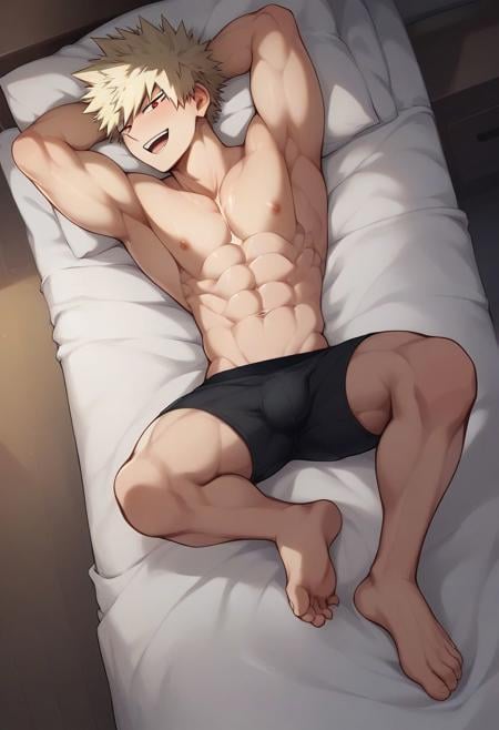 score_9, score_8_up, score_7_up, source_anime, anime, anime coloring, 1boy, solo, male focus, toned male,  seductive smile, open mouth, bakugo, blonde hair, red eyes, abs, (((full body in image))), laying down in bed, bedroom, black boxers, bulge