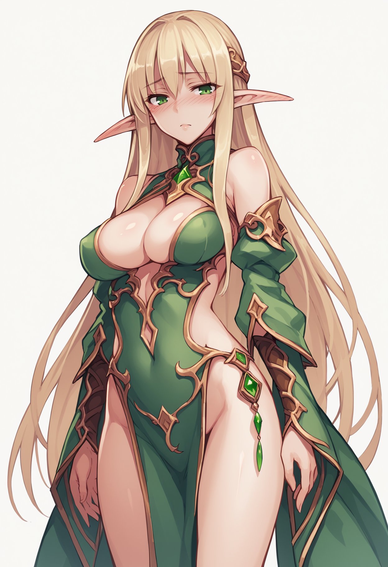 score_9, score_8_up, score_7_up, source_anime BREAK 1girl, solo <lora:kenkoucross-artist-richy-v1_pdxl:1> blonde hair, very long hair, green eyes, pointy ears, elf, fantasy, pelvic curtain, impossible clothes, cleavage, blush, white background, simple background