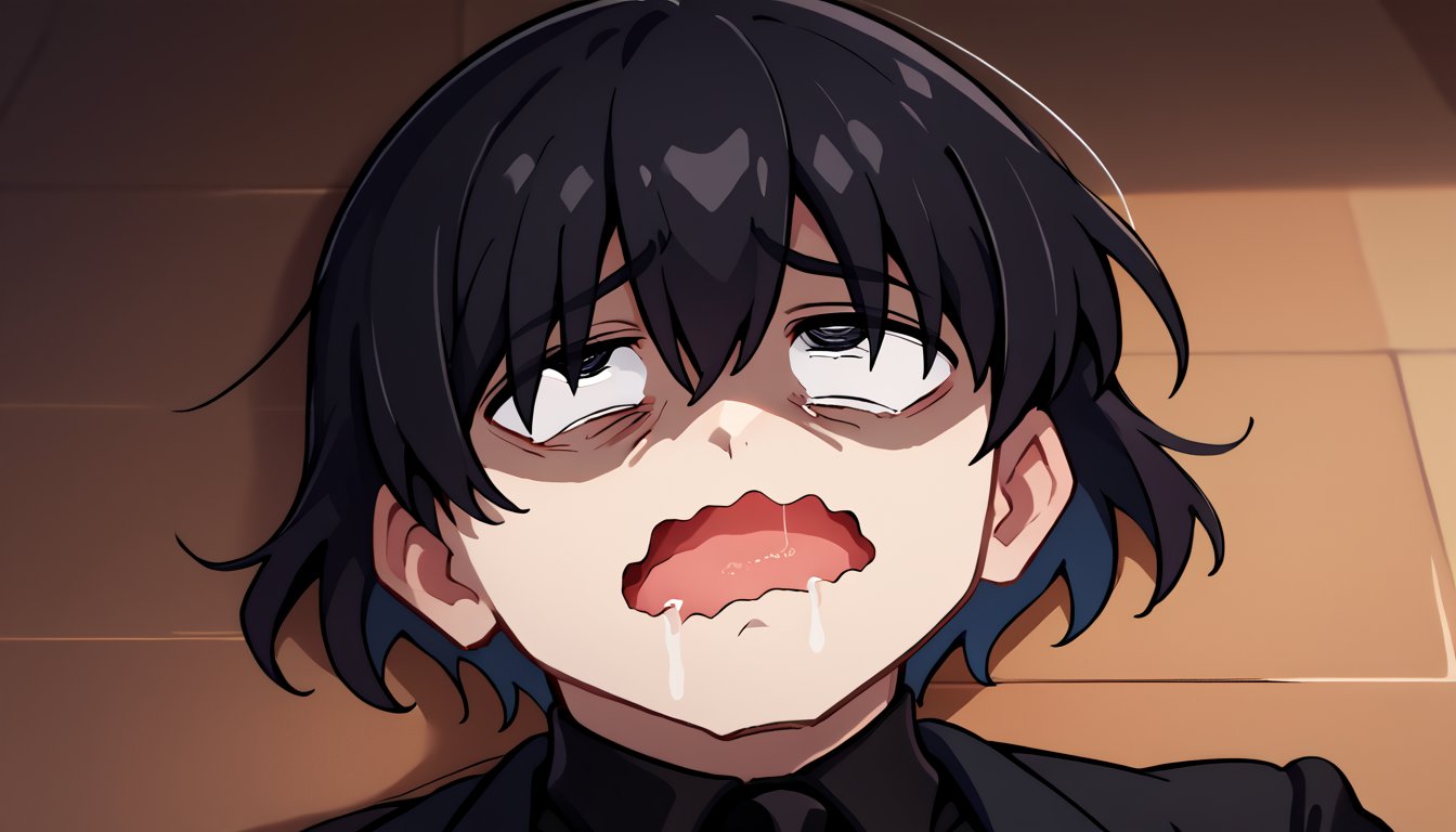 score_9, score_8_up, score_7_up, source_anime, portrait, solo, male focus, 1boy, justtnp, pale skin, formal, black jacket, black vest, black shirt, black necktie, black hair, bocchianxiety, open mouth, wavy mouth, mouth drool, rolling eyes, on floor <lora:meme_bocchianxiety_ponyXL-000014:1> <lora:oc_justtnp_ponyXL:0.9>