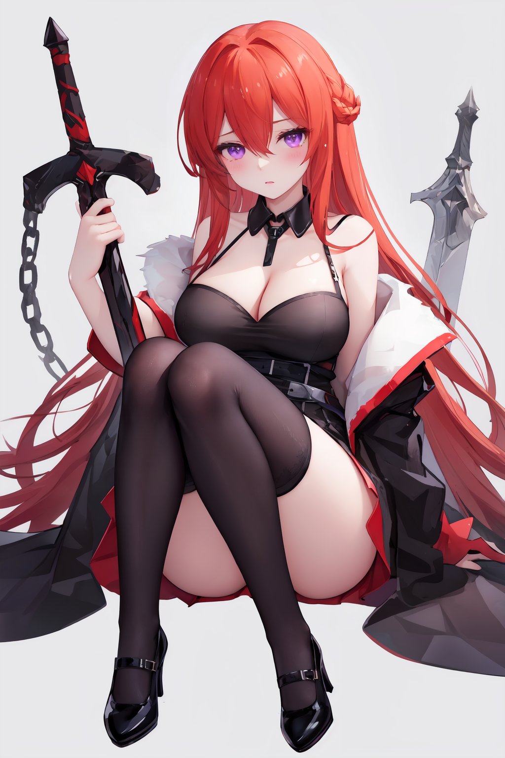 1girl, surtr \(arknights\), breasts, solo, thighhighs, red hair, dress, high heels, long hair, black dress, chest strap, cleavage, purple eyes, weapon, large breasts, black footwear, sword, black thighhighs, chain, bare shoulders, looking at viewer, detached collar, bangs, hair between eyes, off shoulder, hair intakes, holding, very long hair, jacket, thighs, holding weapon, sleeveless dress, sitting, open clothes, knees up, blush, belt, ass, short dress, full body, as-style