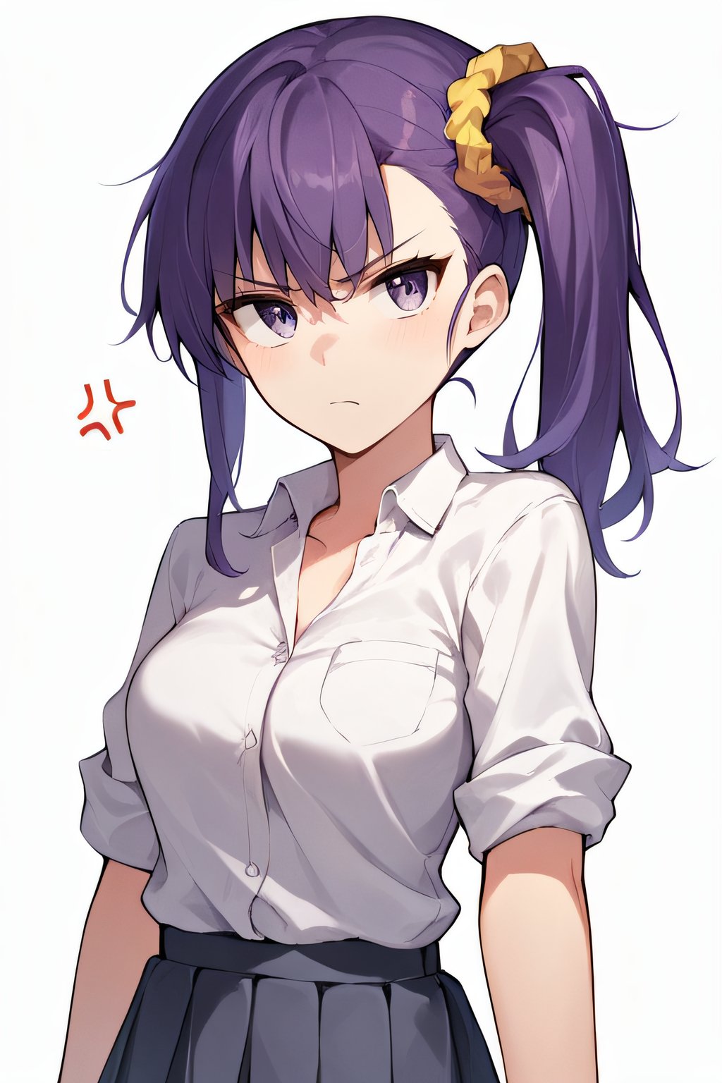 score_9, score_8_up, score_7_up, score_6_up, score_5_up, score_4_up, BREAK source_anime, masterpiece, best quality, ultra quality, <lora:PONY_Risa_chan:1>, risa, purple hair, purple eyes, side ponytail, scrunchie, looking at viewer, medium breasts, school uniform, black socks, white shirt, sleeves rolled up, upper body, annoyed, simple background