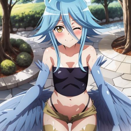<lora:2020sAnimeMagazineIllustrationStyle_v10:0.3> <lora:Papi:1>1girl, solo, harpy, one eye closed, winged arms, blue wings,blue hair, feathered wings, monster girl, yellow eyes, small breasts, blush,outdoors, tree, feathers, smile,hair between eyes, outdoors, looking at viewer,ahoge,cowboy shot,bandeau, denim shorts, navel,strapless, 