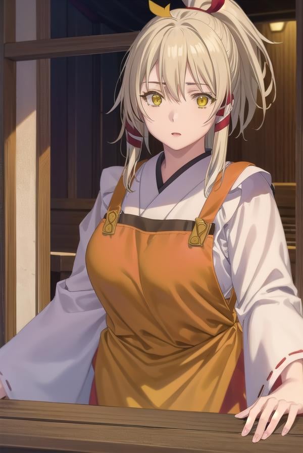 ukanomitamanokami, <lora:uka no mitama no kami s1-lora-nochekaiser:1>,uka no mitama no kami, long hair, blonde hair, hair ribbon, (yellow eyes:1.5), ponytail, tress ribbon,BREAK japanese clothes, miko, apron, (red apron:1.5),BREAK outdoors, shrine,BREAK looking at viewer, (cowboy shot:1.5),BREAK <lyco:GoodHands-beta2:1>, (masterpiece:1.2), best quality, high resolution, unity 8k wallpaper, (illustration:0.8), (beautiful detailed eyes:1.6), extremely detailed face, perfect lighting, extremely detailed CG, (perfect hands, perfect anatomy),