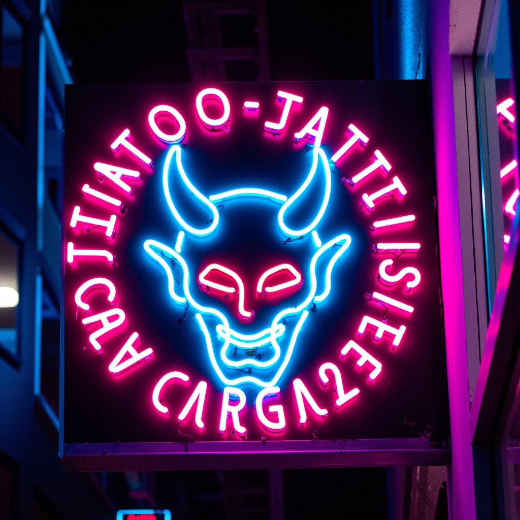 neon sign of a tattoo shop with a demon face on it,neon face tattoo,neon tattoo,neon signs in background,bright neon signs,ritualistic tattoos,neon signs,neon electronic signs,ominous neon lighting,tattoos and piercings,face tattoos,colorful neon signs,harsh neon lights,piercing,strong neon lighting,dark neon lighting,low-key neon lighting,few neon signs,some have neon signs,harsh neon lighting,with neon lighting,neon sign,cold neon lighting,face tattoo,colorful neon lighting,cyberpunk signs,bright neon lighting,tribal piercing and tatoos,neon lights and adds,piercings,facial tattoos,piercings resembling plasma jets,tattoo parlor photo,