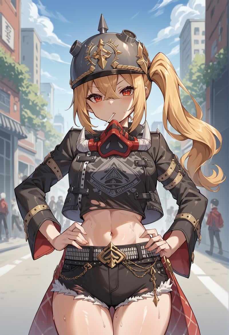 1girl, long hair, side ponytail, blonde hair, red eyes, jewelry, helmet, tank top, jacket, Mask Around Neck, belt, shorts, boots, waist cape, standing, hand on own hip, holding lollipop, looking at viewer, sweat, outdoors, city   <lora:Lucy_ZZZ:1>, score_9, score_8_up, score_7_up, score_6_up, score_5_up, score_4_up, BREAK source_anime, masterpiece