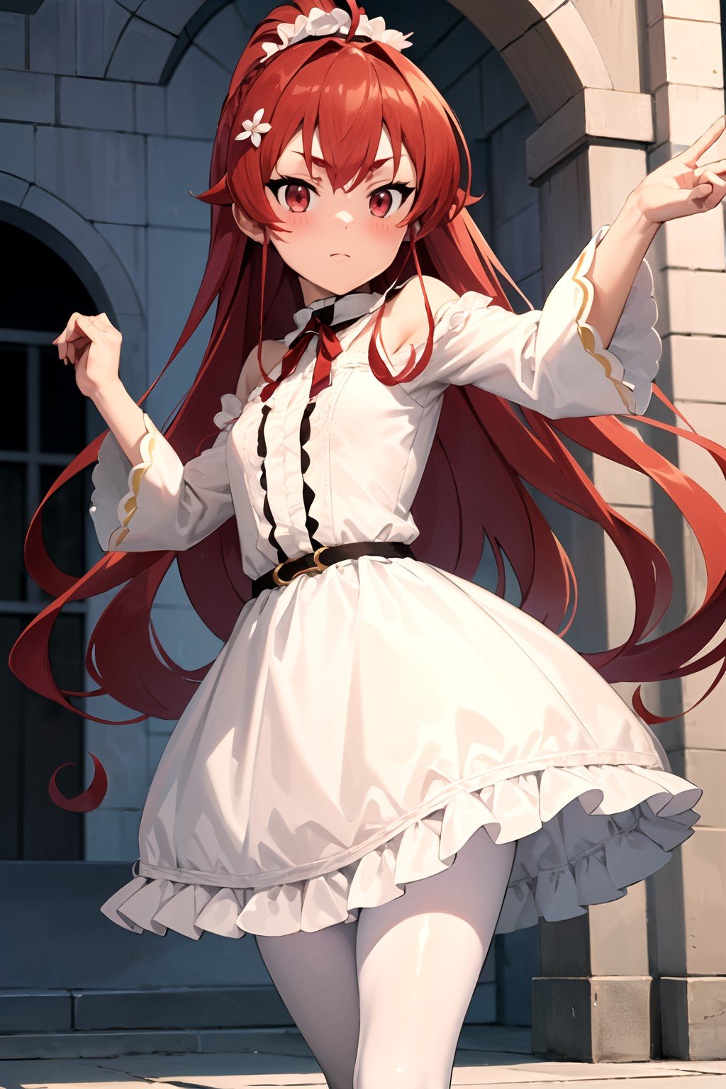 (masterpiece:1.4), (best quality:1.4), (((pixel-perfect, detail-perfect))), 1girl, solo, eris boreas greyrat, red hair, long hair, hair between eyes, ahoge, high ponytail, thick eyebrows, hair ornament, red eyes, small breasts, (white frilled dress, opened collar, long sleeves), flower chained belt, white pantyhose, red mary janes, offering hand, looking at viewer, (detailed background, greyrat castle, dance hall:1.45), (blushing:1.2), flat, flat colors, 2D, (anime:1.35), <lora:Eris Boreas Greyrat (Mushoku Tensei):0.7>