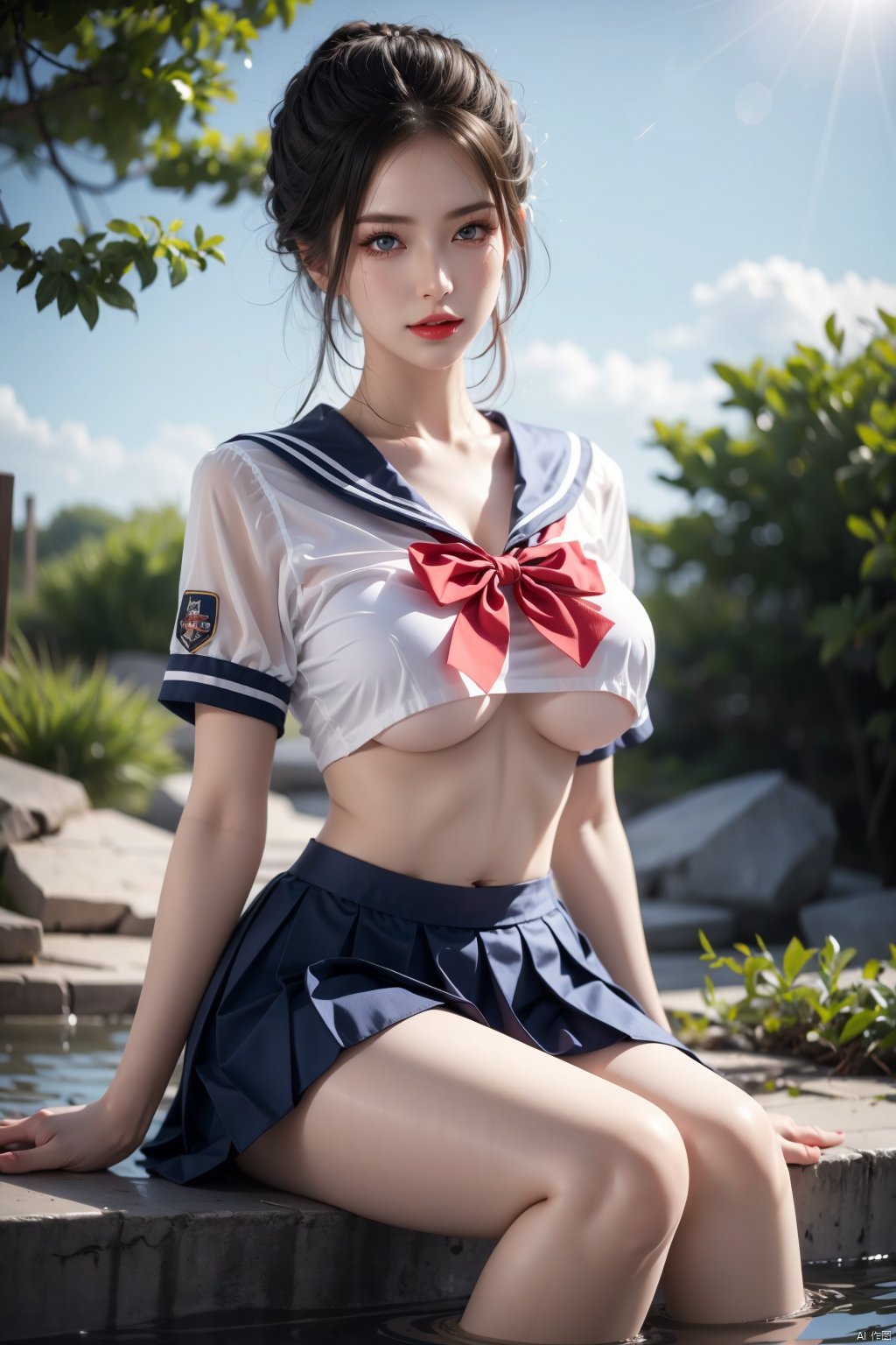 1girl, solo, skirt, breasts, school uniform, underboob, sitting, serafuku, pleated skirt, crop top, outdoors, blue skirt, looking at viewer, crop top overhang, sailor collar, blurry background, bow, blurry, short sleeves, black hair, day, blue eyes, shirt, red bow, white shirt, large breasts, bowtie, no bra, blue sailor collar, water, lips, forehead, red lips, brown hair, soaking feet, parted lips, JK<lora:EMS-361301-EMS:0.800000>