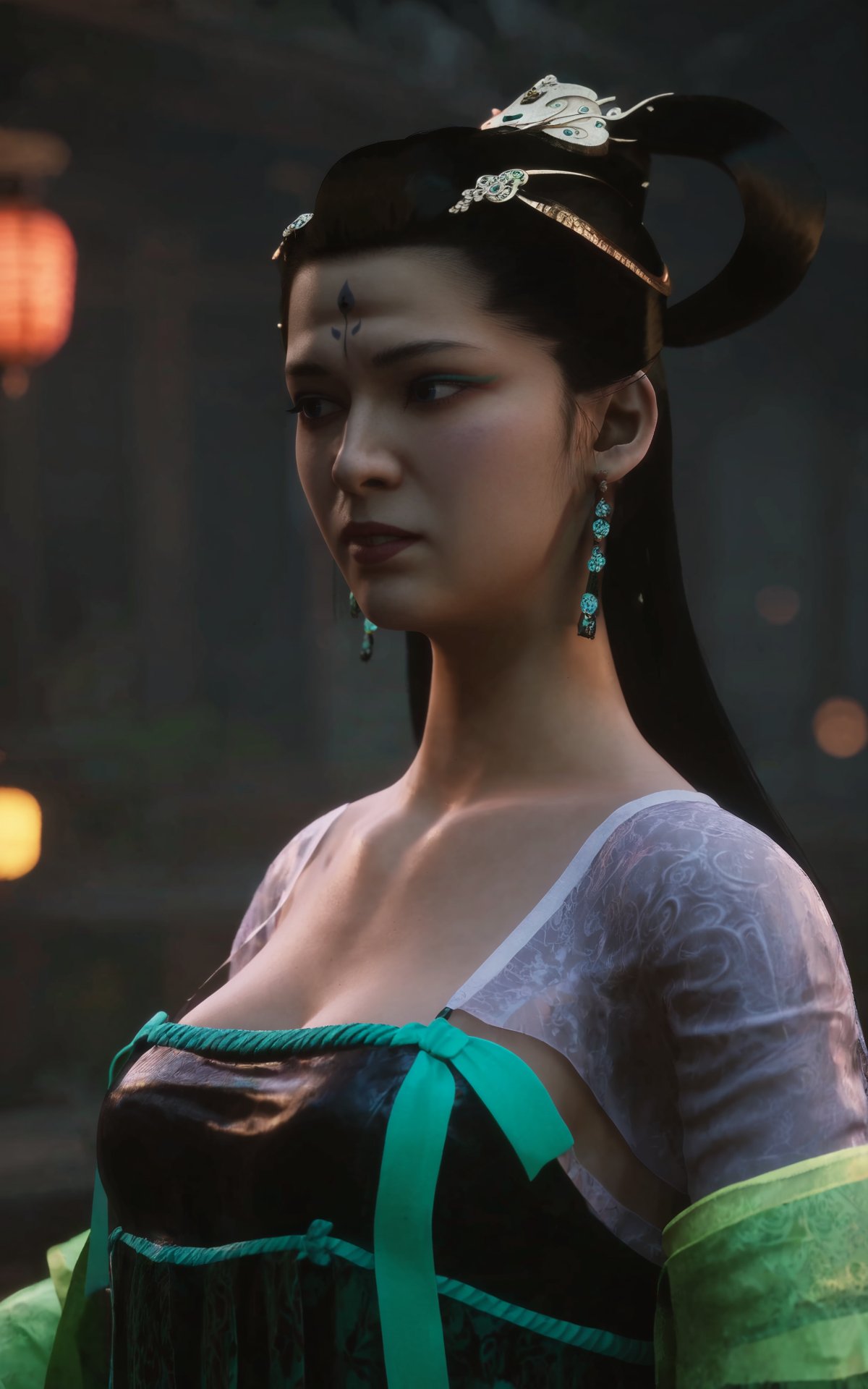 score_9, score_8_up, score_7_up, 8k, best quality, masterpiece, (ultra-detailed), solo, <lora:heishenhua-pony-Tanger-000010:0.8>, zzerjie, Second daughter, green hanfu, by heishenhua, game cg, 1girl, jewelry, solo, earrings, blurry background, hair ornament, realistic, chinese clothes, facial mark, blurry, forehead mark, upper body, black hair, dress, hanfu