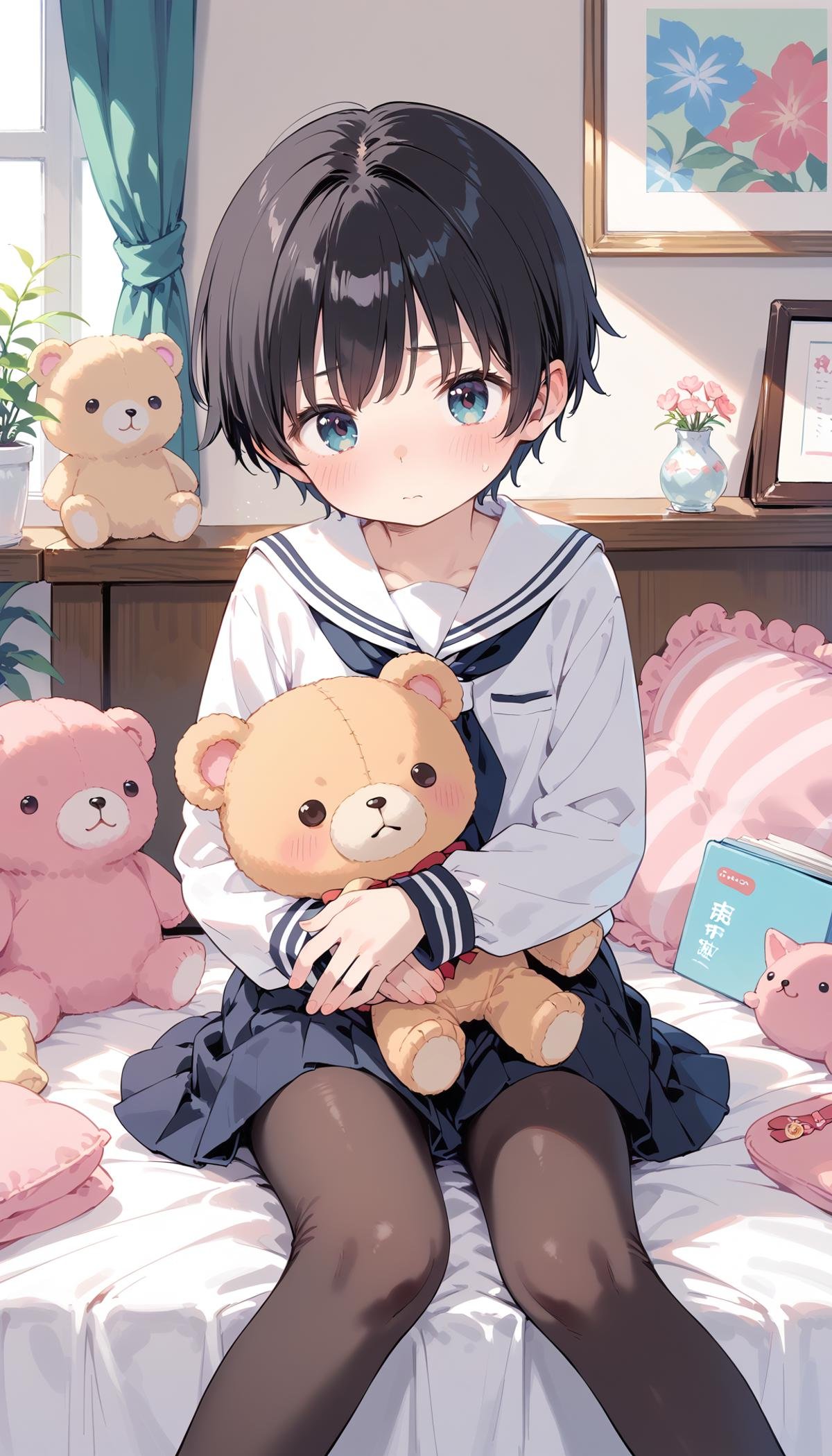 score_9, score_7_up, source_anime, BREAK1girl, tomboy, short hair, black hair, serafuku, black pantyhose, inside, sitting, on bed, room, full-face blush, blush, holding stuffed toy, large stuffed toy, 