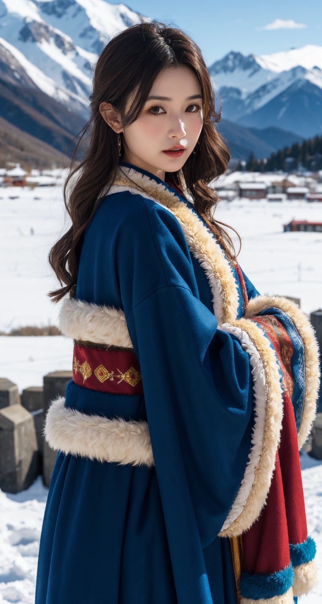 solo,1girl,(fur trim:1.2),look at the viewer,(traditional clothes:1.2),outdoors,sky,brown hair,cloud,long sleeves,blurry,fur clothes,blurry background,(wide sleeves:1.2),tibetan,red and blue clothes,portrait,bust,national costume,tibetan clothing,snow mountain,<lora:LH_ZF:0.5>,