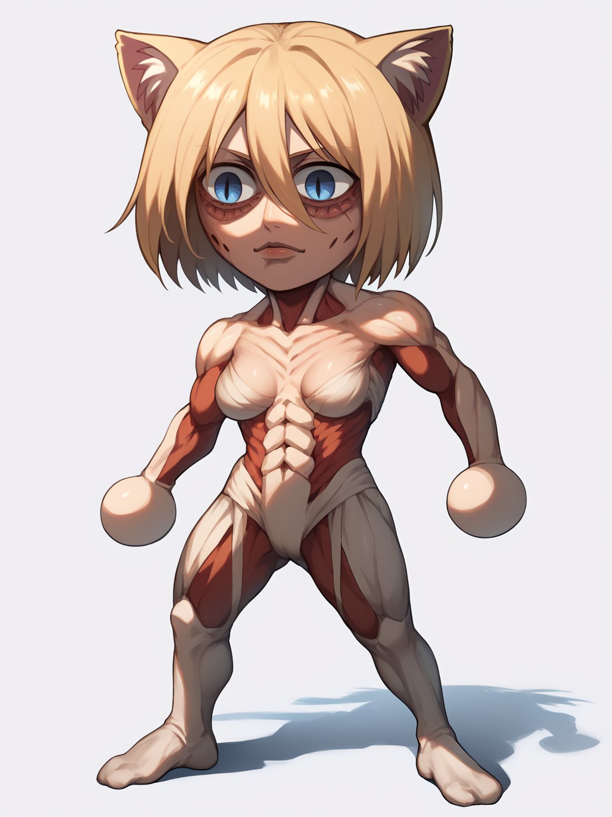 score_9, score_8_up, score_7_up, BREAK, 1girl, necoarc, cat ears,1girl, female titan, blonde hair, short hair, blue eyes, giantess, muscular, scar, breasts,standing, chibi, slit pupils, solo, full body, (simple background, white background:1.3) <lora:necoarc-guy-PONY-v1:1.2>   <lora:FemaleTitanXL:0.8>