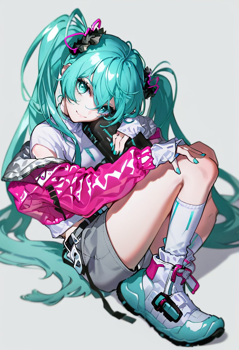 score_9, score_8_up, score_7_up, score_6_up, <lora:yoneyamaiXL_P6_lokr_V53P1:0.95> 1girl, hatsune miku, solo, long hair, sitting, twintails, jacket, shorts, white background, socks, very long hair, simple background, looking at viewer, white socks, clothing cutout, shoes, white footwear, hugging own legs, knees up, head tilt, white shorts, shirt, aqua hair, aqua eyes, full body, bangs, closed mouth, smile, long sleeves, grey shorts, off shoulder, short shorts, hair between eyes, blue eyes, nail polish, pink jacket, blue hair, aqua nails, white shirt, crop top, crossed ankles, sneakers, ribbon, open jacket