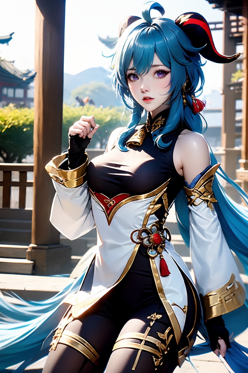 1girl, solo, ganyu \(genshin impact\), long hair, breasts, detached sleeves, blue hair, bell, horns, bare shoulders, gloves, vision \(genshin impact\), jewelry, earrings, looking at viewer, ahoge, black gloves, large breasts, bodystocking, parted lips, cowbell, tassel, lips, outdoors, goat horns, neck bell, cowboy shot, blurry, brown eyes, east asian architecture, hair between eyes, architecture, pantyhose, long sleeves, blurry background, gold trim, chinese knot, black pantyhose, pelvic curtain, flower knot, holding, fingerless gloves, thighs, standing, hand up, building, day, purple eyes, sidelocks, very long hair, wide sleeves