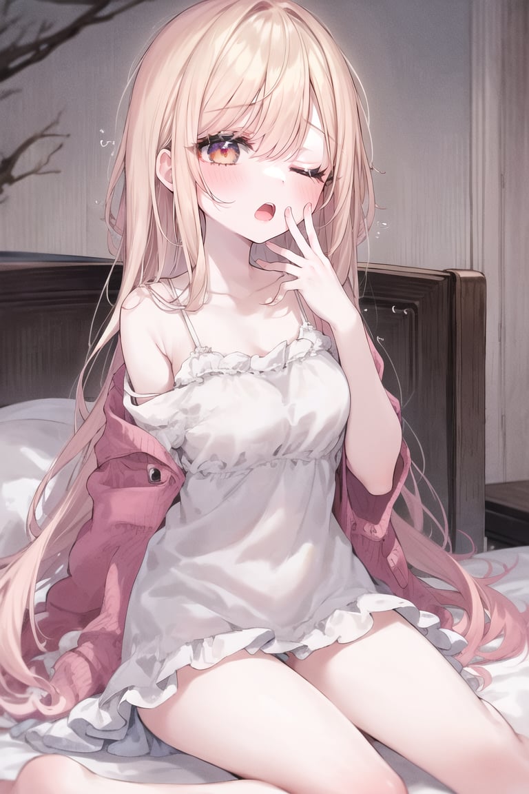 (nsfw:0.66), 1girl, solo, on bed, blush, open mouth, collarbone, one eye closed, wakeupyawn, camisole, navel, panties, pillow, sitting, sleepy, bare shoulder, <lora:wake_up:0.7>