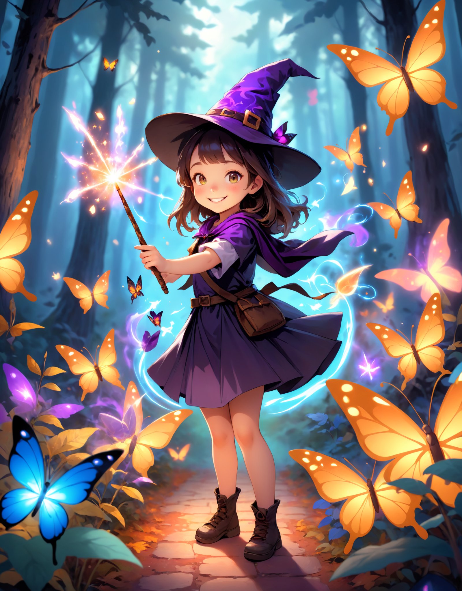 Photo of a young girl wearing a witch hat and holding a magic wand, with a glowing smile as she casts a spell in a magical forest surrounded by colorful butterflies and fairies.