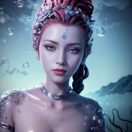 bere, a woman with red hair and a blue and silver headpiece,<lora:bere-10:0.5>,(illustration:1.8),(best quality),(masterpiece:1.5),masterpiece,extremely detailed CG unity 8k wallpaper),depth of field,dramatic angle,(Silver detailed cyan_ribbon and white flowers in the girl's long black_hair:1.25),(braid), (detailed beautiful face:1.3),detailed symmetrical_Blue_eyes,(Ancient palace background far away:1.55),A slight light, (pink flower:1.2),chiaroscuro, ((lotus) in beautiful detailed flowing_clouds_sea:1.3), Rayleigh scattering,(feather headdress:1.15),grass background,nature,((very wide shot)),(((Underwater))),Deep focus,Watermaker(bubbles:1.5),turtles,corals,Floating clothes,bottle with stopperwater in bottle