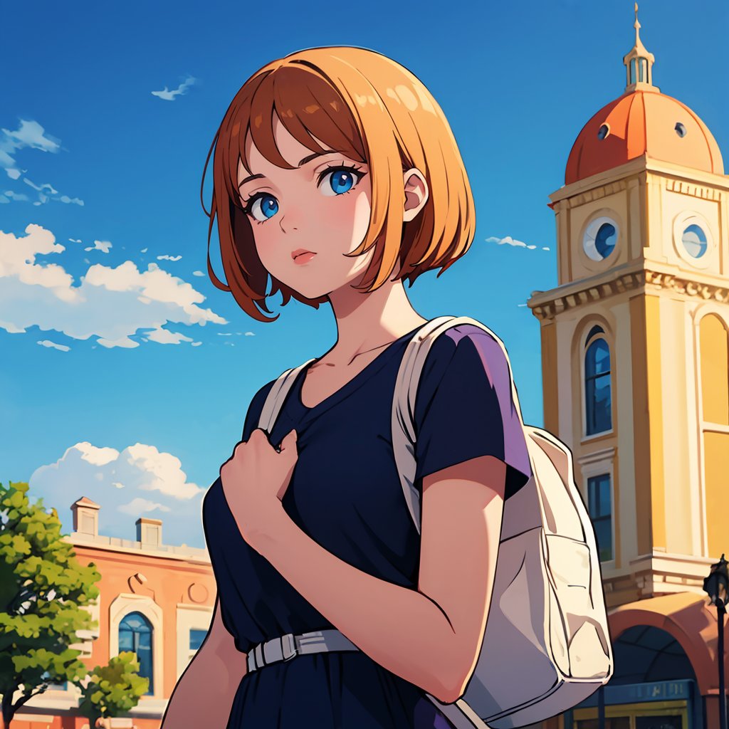 (best quality:1.4),(masterpiece:1.4),(8K:1.4),(extremely detailed:1.4),1girl,bag,blue sky,building,cloud,cloudy sky,day,flower,