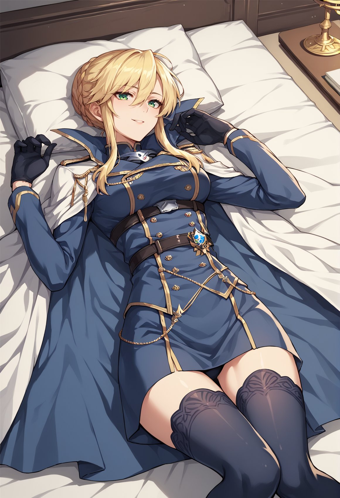 1girl, long hair, blonde hair, green eyes, sidelocks, single hair bun, french braid, military uniform, white cape. rapier, scabbard, gloves, thighhighs, laying, on back, indoors, bedroom seductive smile <lora:titoria:0.8>, score_9, score_8_up, score_7_up, score_6_up, score_5_up, score_4_up, BREAK source_anime, masterpiece