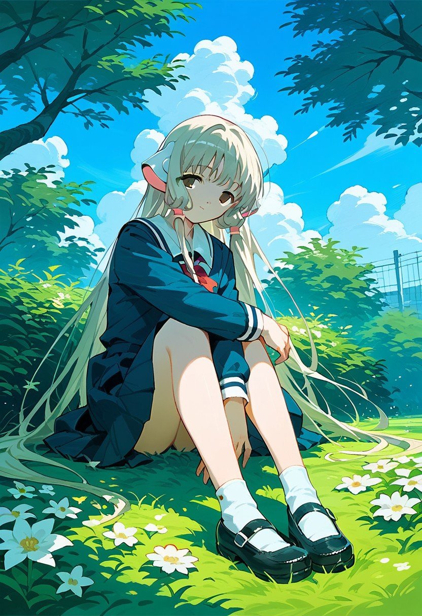 score_9,score_8_up,score_7_up,source_anime, Chii (Chobits),1girl,solo,long sleeves,dress,sitting,school uniform,full body,flower,outdoors,sky,shoes,socks,day,cloud,tree,grass,wind,mary janes,hugging own legs,