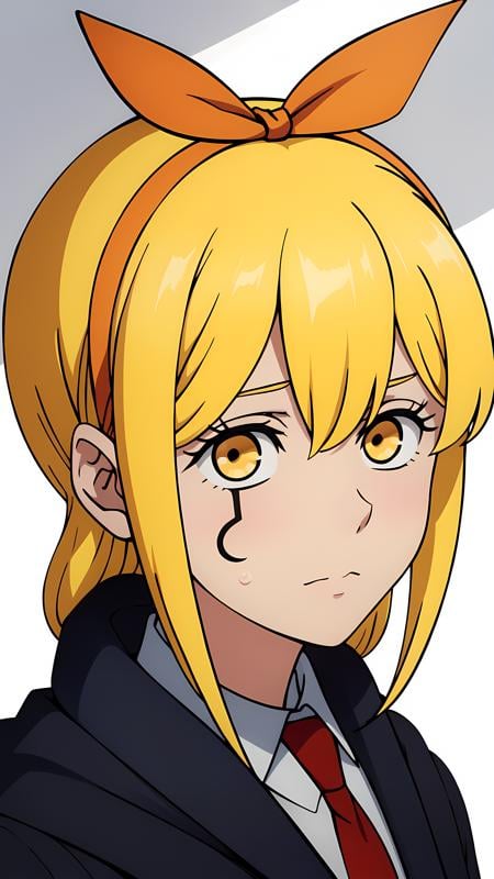 masterpiece, best quality, high resolution, highly detailed, HDR, intricate detail, ultra detailed,BREAK<lora:Lemon Irvine_moewaifu974:0.8>_medium hair_yellow eyes_yellow hair_ sidelocks_(hair ribbon_mark face:1.2) necktie jacketBREAK(white background:1.5)BREAK(cowboy shot portrait :1.5)(Look at the viewer:1.3)