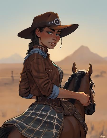 1girl, female, solo, portrait,looking at viewer, cowgirl, riding horse, saddle, cowboy hat, jacket, western, mesa, desertBREAKscore_9, score_8_up, score_7_up, score_6_up, source_cartoon, rating_safe<lora:incase_style_v4:1>
