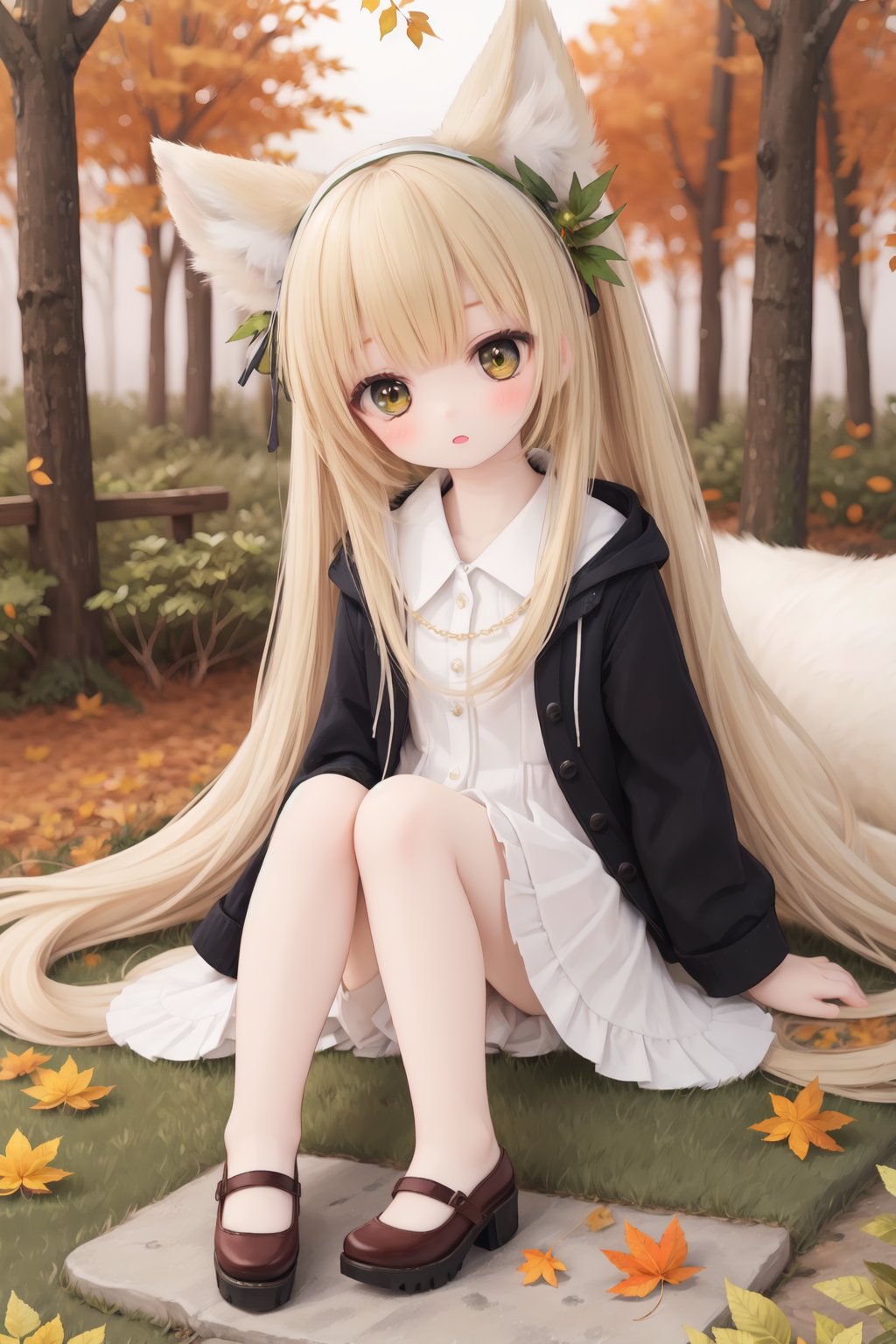 1girl, solo, looking at viewer, sitting, fox ears, full body, strappy heels,plaid shirt, short sleeves,jacket, bow, bangs, low ponytail, blonde hair fox tail, fox girl, kitsune, ((autumn, outdoors, day, forest, falling leaves, bird, leaf)), (fog, dyntall effect), (wide shot, panorama, full body, depth of field),(movie poster,english text),(Flagstone road,branches)<lora:doll-v1:0.5>,