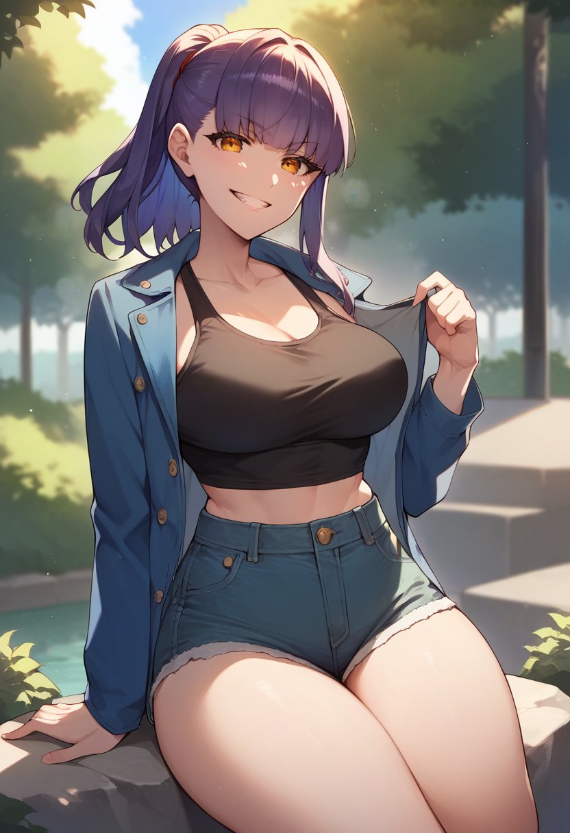 score_9, score_8_up, score_7_up, source_anime, 1girl, solo, park, amber eyes, violet hair, blue jacket, open jacket, black tank top, jean shorts, seated, on a rock, cowboy shot, grin, blush,  big breasts, wide hips, thick thighs, blunt bangs, ponytail, <lora:ReDrop-Style-PonyXL:1>