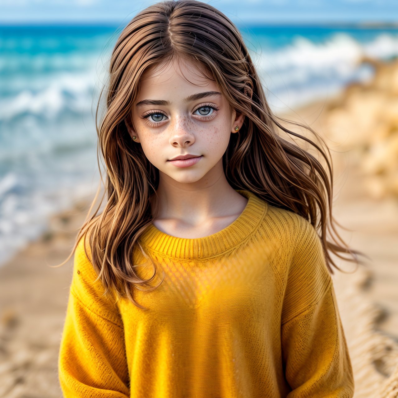 (masterpiece:1.3), best quality looking back, portrait of self-assurance (AIDA_LoRA_RiWo:1.15) <lora:AIDA_LoRA_RiWo:0.99> in (simple yellow sweater:1.1), [little girl], glossy skin with visible pores and freckles, pretty face, self-assurance, cinematic, hyper realistic, kkw-ph1, (colorful:1.1), (on the seashore:1.1), sea, sand, sky, (on the beach:1.1), sunlight, outdoors