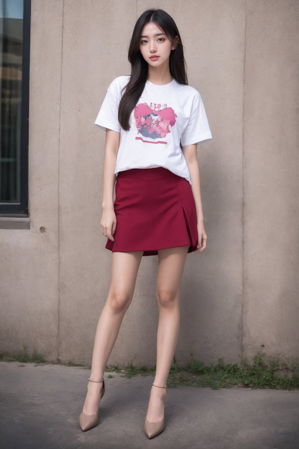 photorealistic,1girl,long hair,t-shirt,skirt,full body,