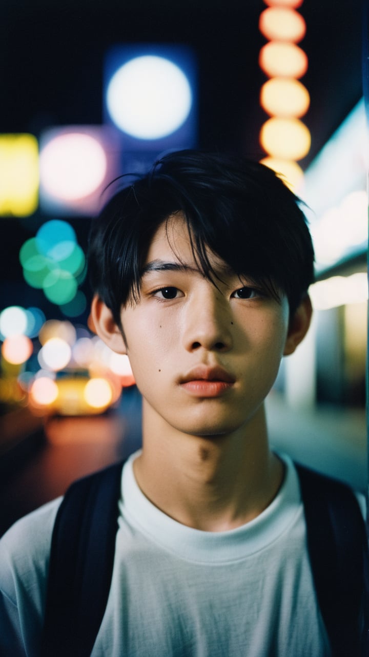 (((1boy))),Asian male,17(yo),Fujifilm Provia 400X,heavy breathing,night view,polaroid photo,night photo,pale skin,bokeh,motion blur,