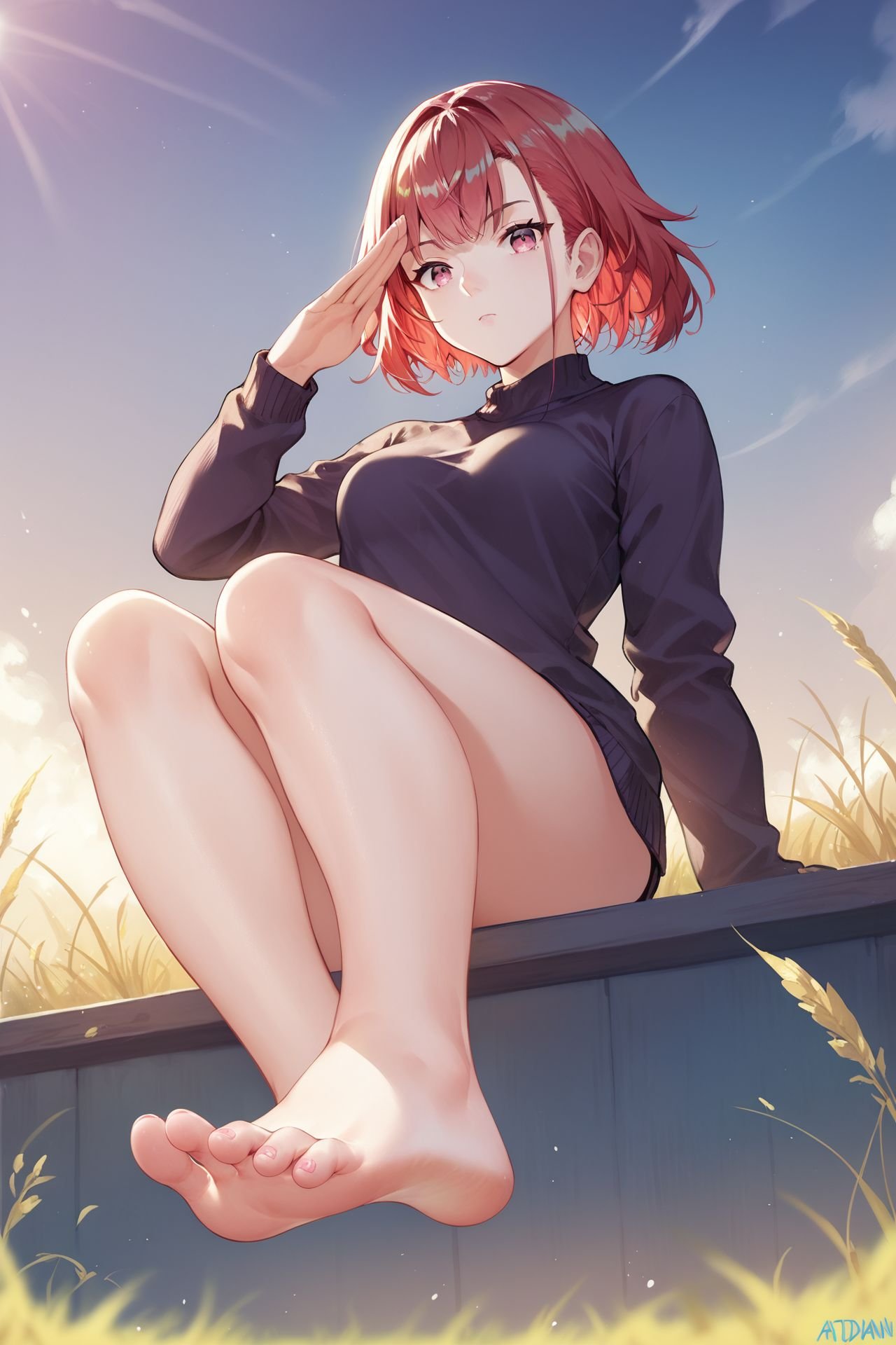 score_9, score_8_up, score_7_up, 1girl, sitting, looking at viewer, foot focus, foreshortening, soles, bare legs, straight-arm salute, sleepy, red hair, full bangs, pink eyes, medium breasts, dark purple pullover, backlighting, field, from below <lora:atdan_PonyXL_style_v01:1>