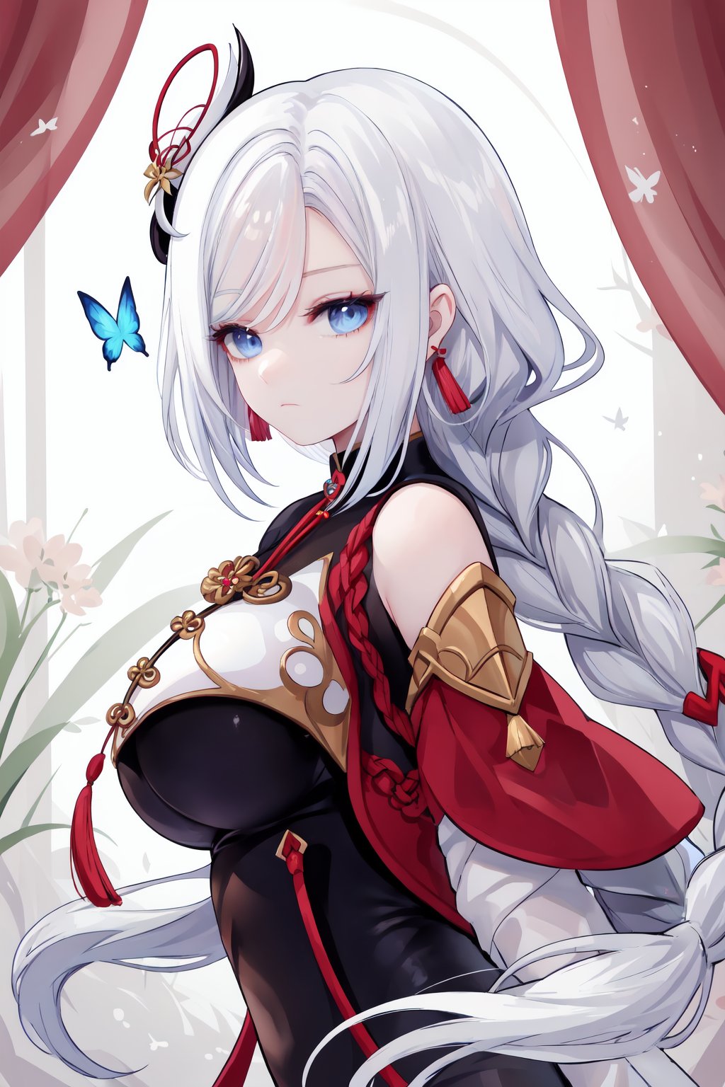 1girl,shenhe \(genshin impact\),solo,long hair,breast curtain,braid,breasts,blue eyes,looking at viewer,hair ornament,white hair,butterfly,flower,upper body,tassel,braided ponytail,bug,bodysuit,shoulder cutout,bangs,jewelry,large breasts,closed mouth,very long hair,earrings,cropped torso,gold trim,tassel earrings,clothing cutout,black bodysuit,from side,bare shoulders,expressionless,she style,ths97f,65setutyh4,ae45ngol4,