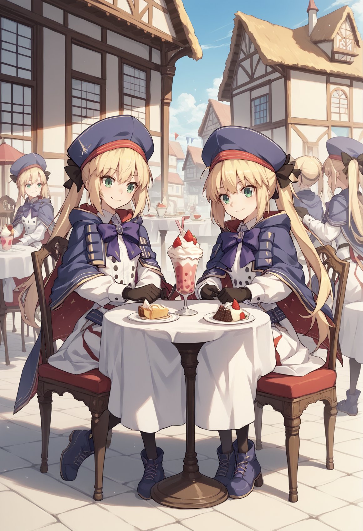 2girls, blonde hair, long hair, green eyes, twintails, white shirt, blue beret, white skirt, blue cape, blue ribbon, black gloves, pantyhose, blue boots, smile, bragging, parfait, chair, table, full body, twins, sitting, town <lora:Castoria:1>, score_9, score_8_up, score_7_up, score_6_up, score_5_up, score_4_up, BREAK source_anime, masterpiece