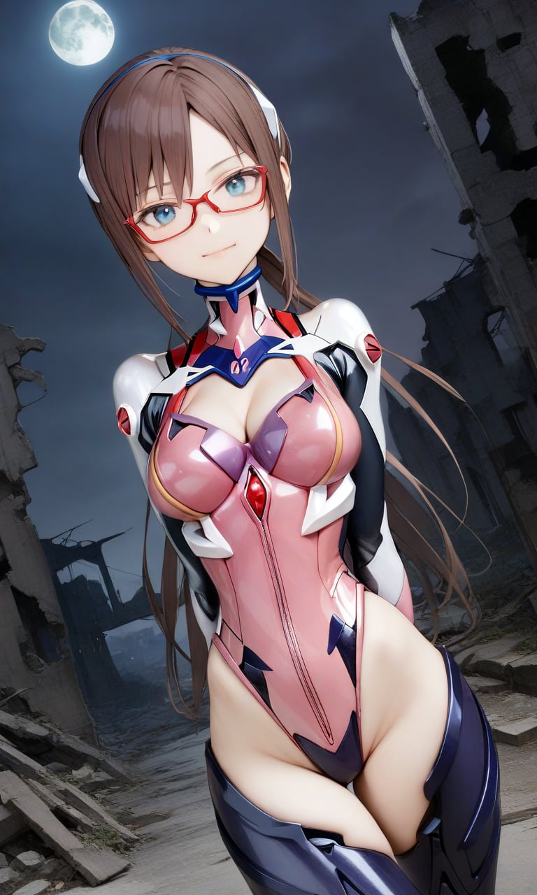 1girl, marishin, blue eyes, glasses, brown hair, medium breasts, cleavage, (plugsuit:1.1), thigh boots, looking at viewer, light smile, (upper body:1.1), straight-on, arms at sides, (hands behind back:1.15), outdoors, ruins, night, moon, masterpiece, best quality, very aesthetic, absurdres, nyatabe, <lora:MariShinFlare_XL:0.7><lora:Nyatabe_XL:1> 