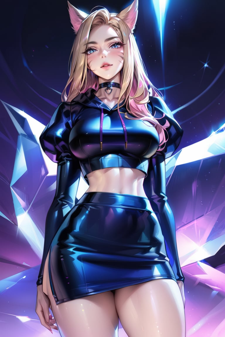 (Masterpiece), mature, HDR,UHD,8K, best quality, Highly detailed, physically-based rendering, extreme detail description, perfect skin, shiny skin, shiny hair,perfect face, 1girl, baddest, blonde hair, blue eyes, pink hair, crop top, thighighs, multicolored hair, thighs, facial mark, animal ears, tail, choker,Ahri, black top, K/DA Ahri, long sleevs, black skirt ,LeagueOfLegendsAhri, long hair, puffy sleeves, crystal, (black thighighs), juliet sleeves, whisker markings, hoodie<lora:EMS-408948-EMS:0.800000>, <lora:EMS-335737-EMS:0.600000>, <lora:EMS-388761-EMS:0.100000>