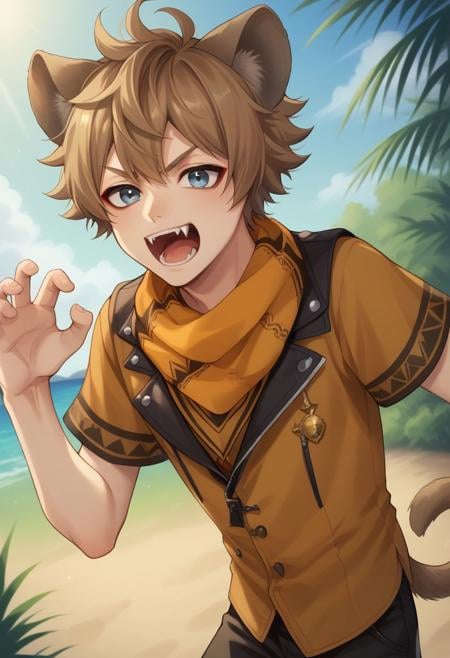 score_9, score_8_up, source_anime, highly detailed, 1boy, solo, male_focus, slender, skinny, upper body,ruggie, 1boy, male focus, animal ears, solo, virtual youtuber, brown hair, shorts, blue eyes, tail, short tail, open mouth, teeth, roaring, hand up, fangs,outdoor, 