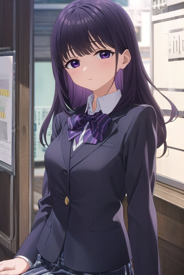 rionashijou, <lora:riona shijou s1-lora-nochekaiser:1>,riona shijou, bangs, purple hair, (purple eyes:1.1), medium hair,BREAK skirt, long sleeves, school uniform, jacket, socks, black skirt, two side up, black jacket, kneehighs, blazer, black socks, bow, bowtie, stripped, stripped bowtie,BREAK indoors, classroom,BREAK looking at viewer, (cowboy shot:1.5),BREAK <lyco:GoodHands-beta2:1>, (masterpiece:1.2), best quality, high resolution, unity 8k wallpaper, (illustration:0.8), (beautiful detailed eyes:1.6), extremely detailed face, perfect lighting, extremely detailed CG, (perfect hands, perfect anatomy),